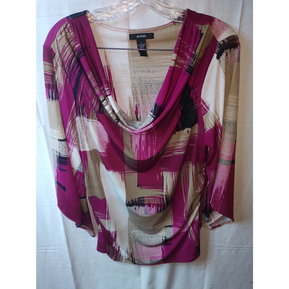 Alfani Magenta & Beige Printed Cowl Neck Asymmetrical Hem Top Women's Size L